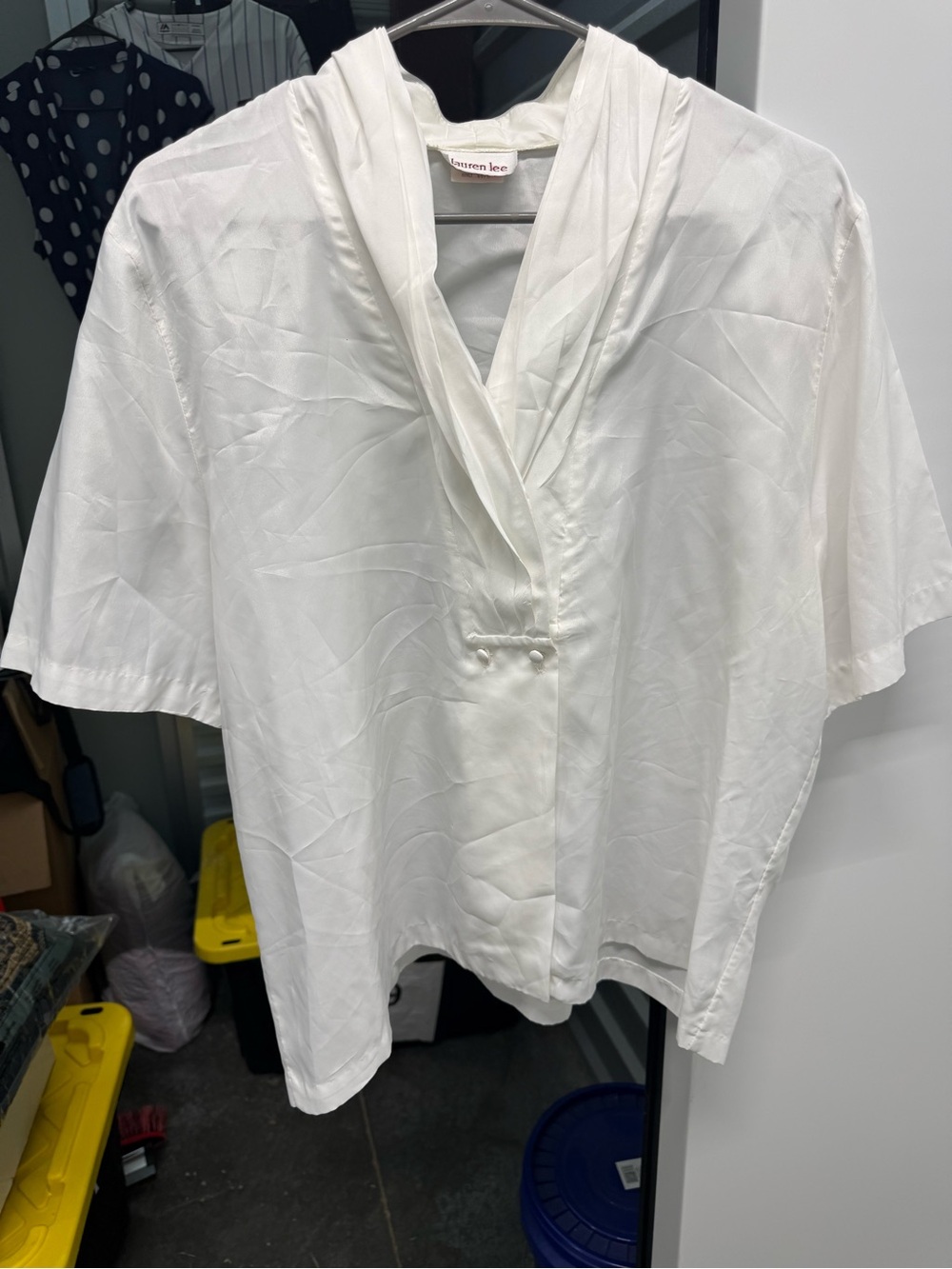 White Satin V-Neck Short Sleeve Blouse by Unknown Brand